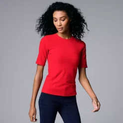 Women's Simply Vera Vera Wang Ribbed Fitted Elbow Sleeve Tee -Vera Wang Shop 6452261 Swift Red