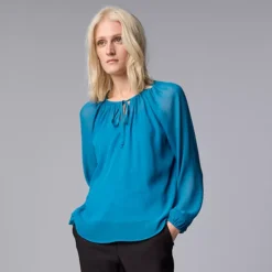 Women's Simply Vera Vera Wang Tie Front Shirred Blouse -Vera Wang Shop 7164208 Timor Sea Blue