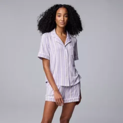 Women's Simply Vera Vera Wang 2-Piece Short Sleeve Notch Collar Pajama Top & Boxer Pajama Bottoms Set -Vera Wang Shop 7185173 Lilac Stripe