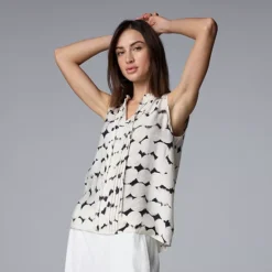 Women's Simply Vera Vera Wang Tie-Front Pintuck Sleeveless Shell Top -Vera Wang Shop 7306008 Beige Dots