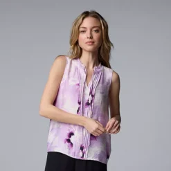 Women's Simply Vera Vera Wang Tie-Front Pintuck Sleeveless Shell Top -Vera Wang Shop 7306008 Purple Water Blooms 1