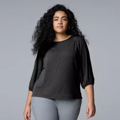 Plus Size Simply Vera Vera Wang Mixed Media 3/4-Sleeve Top -Vera Wang Shop 7414096 Black