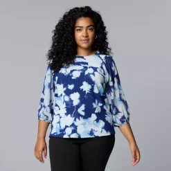 Plus Size Simply Vera Vera Wang Mixed Media 3/4-Sleeve Top -Vera Wang Shop 7414096 Blue Ink Bouquet 1