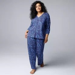 Plus Size Simply Vera Vera Wang 3/4 Sleeve Pajama Top & Pajama Pants Set -Vera Wang Shop 7469972 Blue Flrl