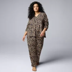 Plus Size Simply Vera Vera Wang 3/4 Sleeve Pajama Top & Pajama Pants Set -Vera Wang Shop 7469972 Brown Animal