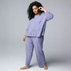 Plus Size Simply Vera Vera Wang 3/4 Sleeve Pajama Top & Pajama Pants Set -Vera Wang Shop 7469972 Denim Bl