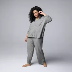 Plus Size Simply Vera Vera Wang 3/4 Sleeve Pajama Top & Pajama Pants Set -Vera Wang Shop 7469972 Med Grey 1
