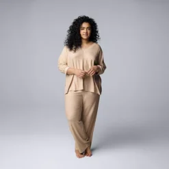 Plus Size Simply Vera Vera Wang 3/4 Sleeve Pajama Top & Pajama Pants Set -Vera Wang Shop 7469972 Sand