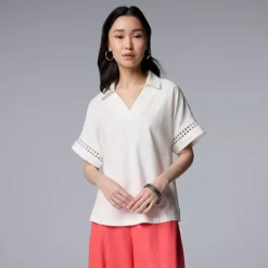 Women's Simply Vera Vera Wang Openwork Trim Short Sleeve Shirt