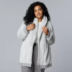 Plus Size Simply Vera Vera Wang Plush Sherpa Long Sleeve Open Front Cardigan -Vera Wang Shop 7494292 Frosted Iron Faux Fur