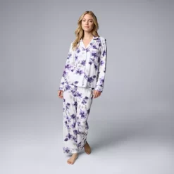 Petite Simply Vera Vera Wang Cozy Long Sleeve Notch Pajama Top & Pajama Pant Set -Vera Wang Shop 7494389 Ivory Floral