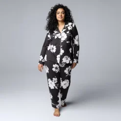Plus Size Simply Vera Vera Wang 2-Piece Cozy Long Sleeve Pajama Top & Pajama Pants Set -Vera Wang Shop 7494390 Black Floral