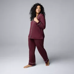 Plus Size Simply Vera Vera Wang 2-Piece Cozy Long Sleeve Pajama Top & Pajama Pants Set -Vera Wang Shop 7494390 Burgundy