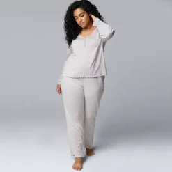 Plus Size Simply Vera Vera Wang Pointelle Long Sleeve Pajama Top & Pajama Pants Set -Vera Wang Shop 7513468 Grey Heather 1