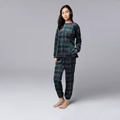 Women's Simply Vera Vera Wang Long Sleeve Pajama Top & Pajama Jogger Set -Vera Wang Shop 7570773 Green Plaid