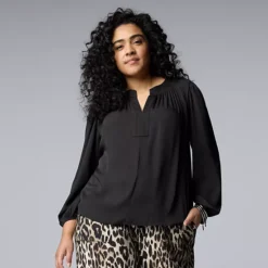 Plus Size Simply Vera Vera Wang Long Sleeve Smocked Neck Blouse -Vera Wang Shop 7608373 Black 1