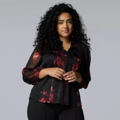 Plus Size Simply Vera Vera Wang Long Sleeve Smocked Neck Blouse -Vera Wang Shop 7608373 Small Red Floral