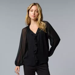 Women's Simply Vera Vera Wang Ruffled Long Sleeve Blouse -Vera Wang Shop 7619875 Black