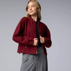 Women's Simply Vera Vera Wang Structured Knit Bomber Jacket -Vera Wang Shop 7622938 Burgundy Cherry