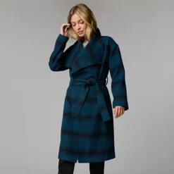 Women's Simply Vera Vera Wang Drape Collar Overcoat -Vera Wang Shop 7728876 Navy Soft Plaid