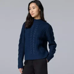 Women's Simply Vera Vera Wang Braided Front Mock Neck Sweater -Vera Wang Shop 7740026 Liberty Navy